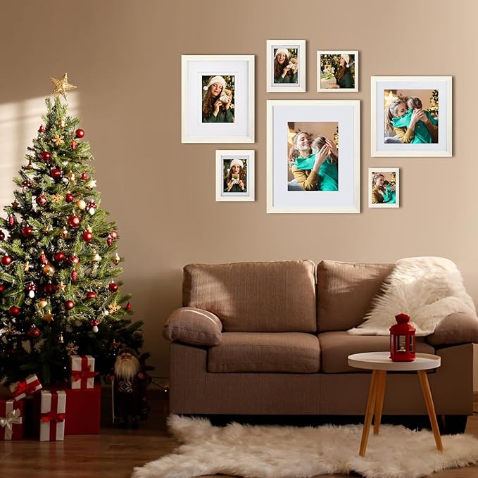Egofine 9x12 Picture Frames Set of 4, Made of Solid Wood Covered by Plexiglass 5x7 and 6x8 with Mat or 9x12 without Mat, for Table Top Display and Wall Mounting Photo Frame Beige