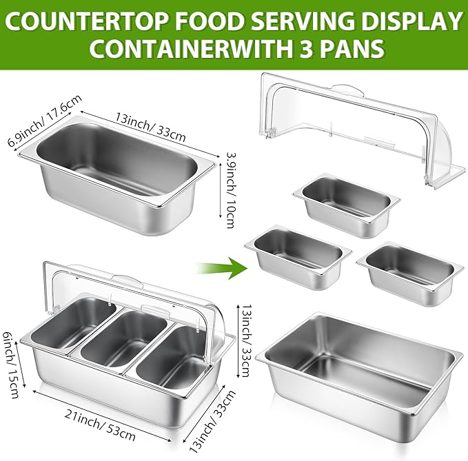 Countertop Food Serving Display Container and Clear Roll Top Cover Stainless Steel Food Serving Tray Buffet Condiment Dispenser Display Rack for Restaurant Hotel Kitchen Party (21 x 13 x 13'')