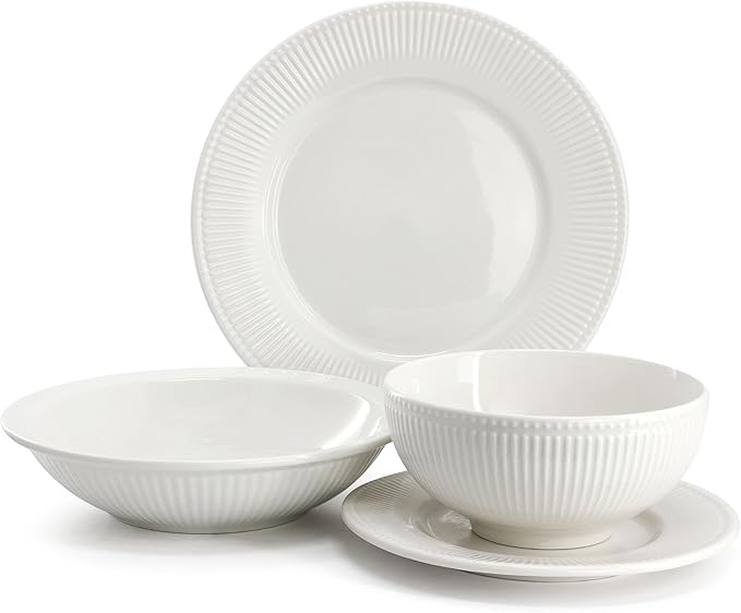 Elama Kate 16 Piece Textured Trim Double Bowl Porcelain White Dinnerware Set, Serveware, Tableware, Bowls, Plate Set (Kate)