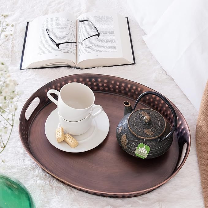 Monarch Abode Serving Tray with Handles – 17-Inch Hand Hammered Metal Platter for Living Room, Antique Copper Finish Large Ottoman Tray Accent for Coffee Table, Tea & Food Serving Dish for Party