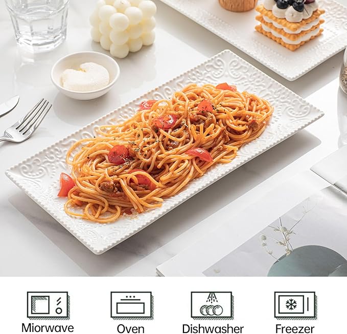 Rectangular Embossed Serving Platter Set, 12 Inch Large Serving Plates, Stackable Serving Tray for Wedding, Ceramic White Serving Platters for Entertaining, Dishwasher & Oven Safe (4PCS)
