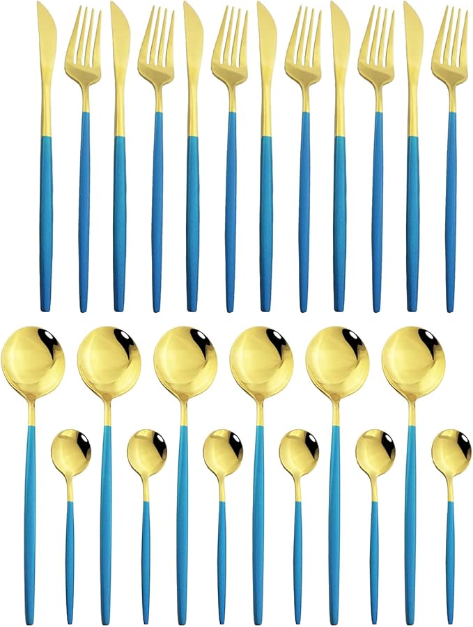 JASHII 24 Piece Titanium Blue Plated Stainless Steel Flatware Set, Gold Mouth Utensils Set, Cutlery Service for 6 (Blue Handle, Shiny Gold)