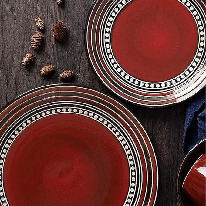 Dinnerware Sets Dish Set,4-Pieces,Retro Porcelain Tableware Set with Plates,Bowls and Mugs,Red Ceramic Dinner Set for Home Kitchen Dining