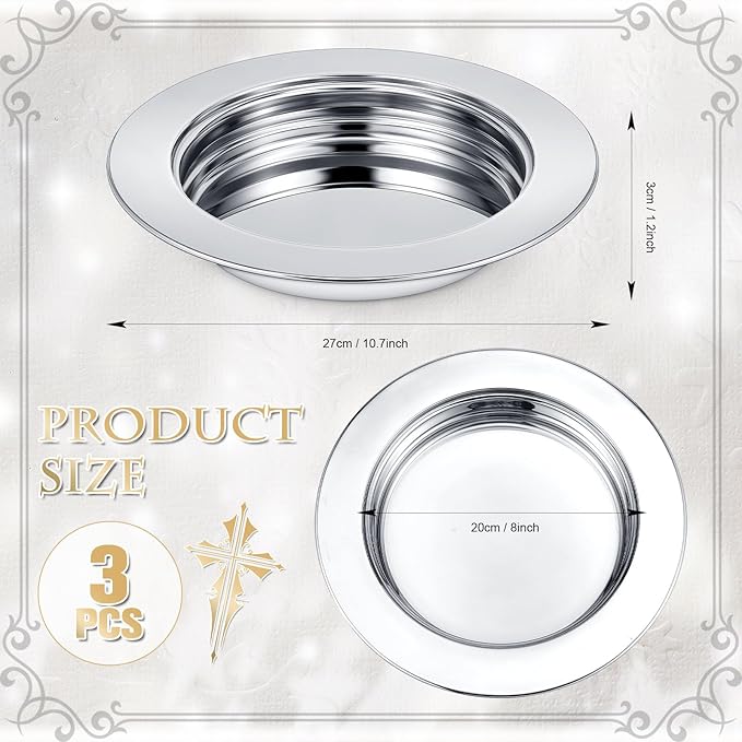 Zhehao 3 Pcs Communion Plates for Church Communion Bread Tray Plate Church Supplies Set Polished Stainless Steel Tray (Silver)