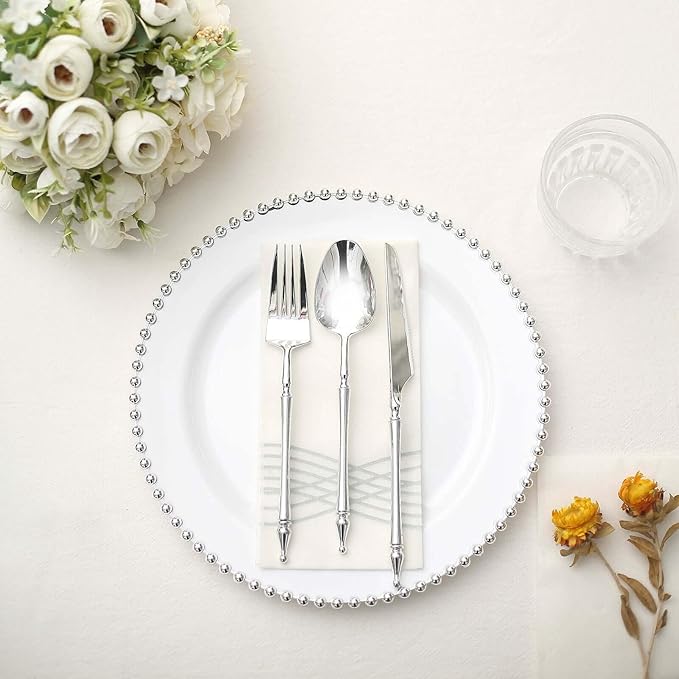 10" Dinner Plates - Set of 20 - Plastic White/Silver Round Disposable Plate Beaded Rim, Ideal for Decoration Party Wedding Bulk Events