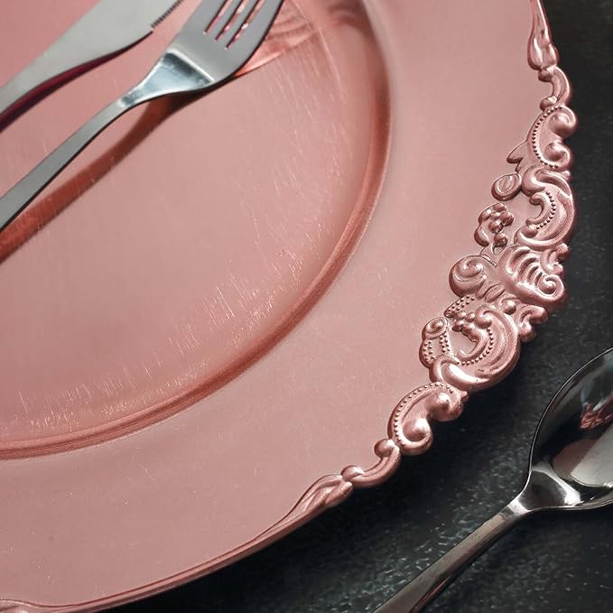 13" Charger Plates -Set of 24 - Acrylic Rose Gold Round Baroque Disposable Chargers Leaf Embossed Rim, Ideal for Dinner Party Wedding Bulk Events