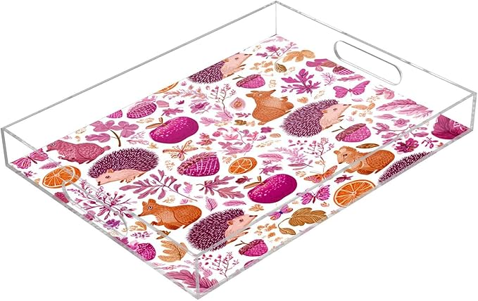Serving Tray with Handles Clear Acrylic Tray 12x16 Inch Decorative Rectangular Tray Organizer for Ottoman Coffee Table Bathroom Hedgehogs Squirrel Mushroom Pink