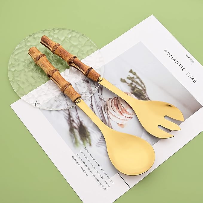 Serving Fork Set of 4 - Gold Stainless Steel Platters Forks - 10.0 inch Large Salad Forks with Natural Bamboo Handle - Use for Buffet/Banquet/Home/Kitchen/Party
