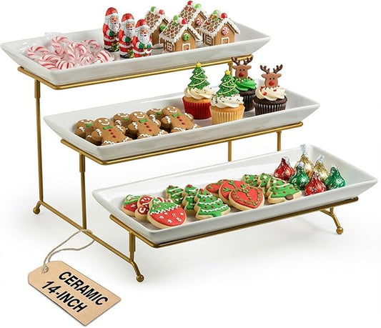 LAUCHUH Large 3 Tier Serving Stand Tiered Serving Trays Collapsible Sturdier Rack with 3 Porcelain Serving Platters for Fruit Dessert Presentation Thanksgiving Christmas Party Display Set, 14 Inch
