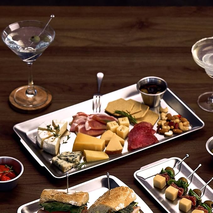 SUS304 Stainless Steel Serving Platters, Rectangle Metal Dinner Plate with Handles, Decorative Tray, Lightweight, Cheese Board, Oven Safe (14.17 x 7.87 inches)