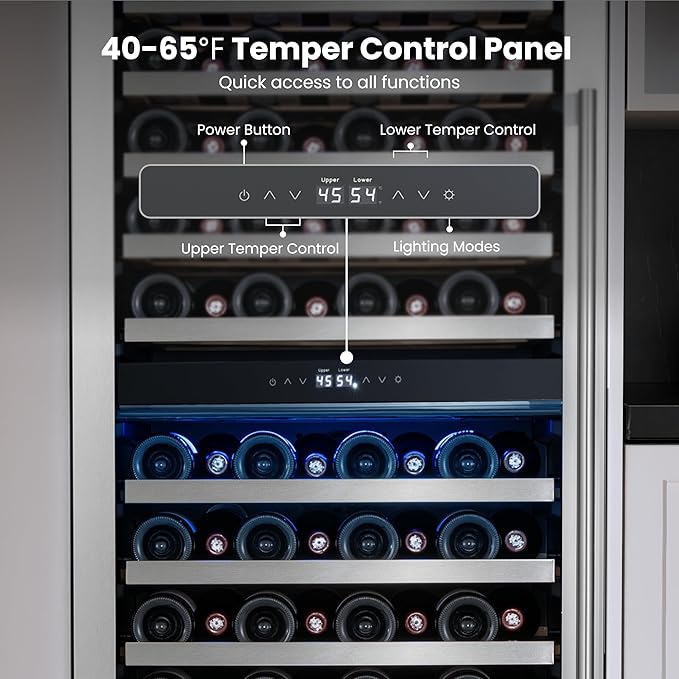 Yeego Wine Fridge – 24 Inch Dual Zone Wine Cooler Refrigerator 40°F-65°F, 304 Stainless Steel Glass Door Lock, Temp Memory Blue & White LED Built-in Fridge Left-hand Opening with Drawer (89 Bottle)