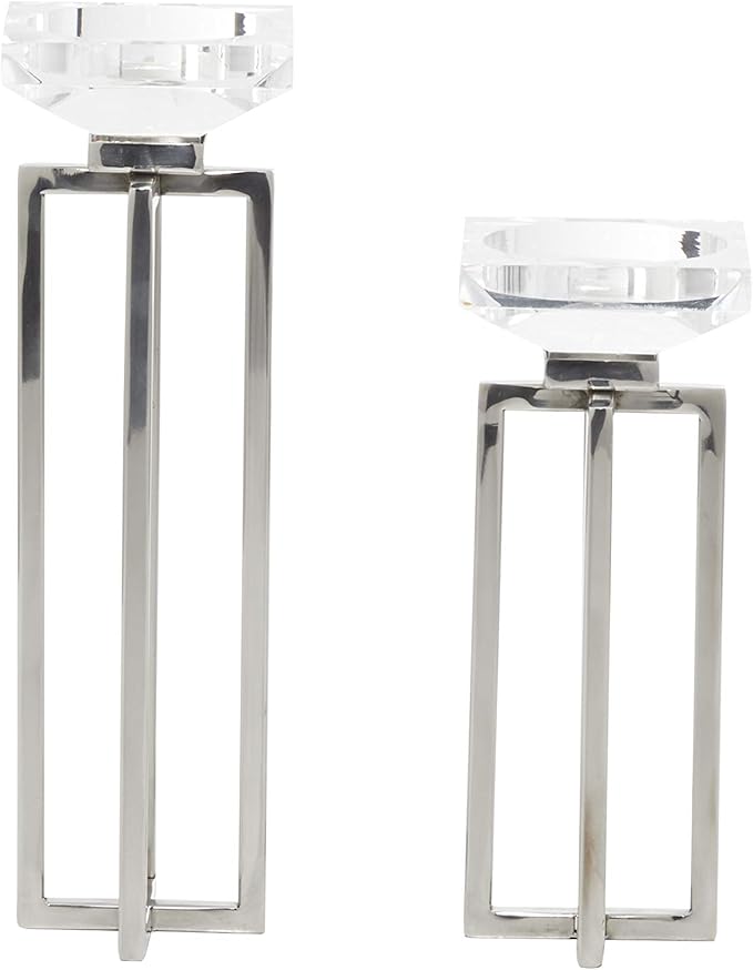 Deco 79 Stainless Steel Metal Geometric Decorative Candle Holder Candle Stand with Diamond Inspired Top, Set of 2 Candlestick Holder 10", 13"H, Silver