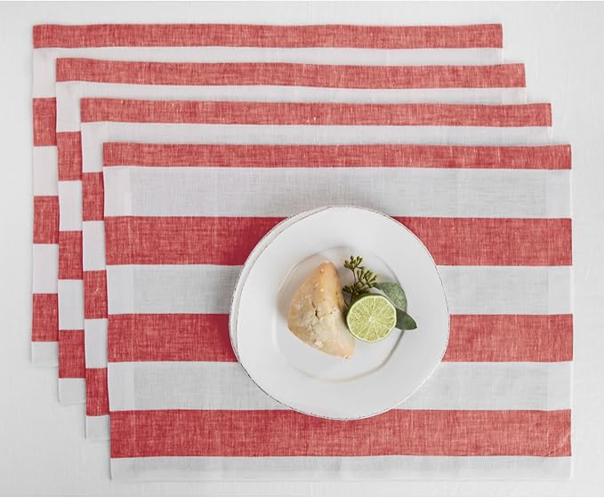 Solino Home Linen Cloth Placemats Set of 4 - Cabana Stripe 100% Pure Linen Red and White Farmhouse Placemats 14 x 19 Inch for Christmas, Holiday, Winter, New Year