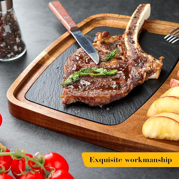 Acacia Wood Serving Plate with Sauce Cup & Removable Slate Insert for Meat Sausages Cheese, Steak Serving Tray Cutting Board Serving Platter Cheese Platter Perfect for Housewarming Christmas