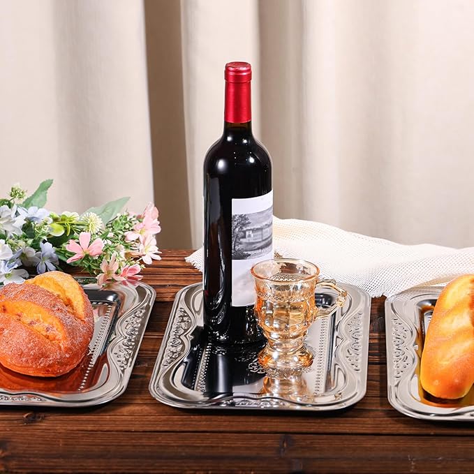 4pcs Silver Serving Trays Set, 13.8"x8.7"/35x22cm Stainless Steel Mirror Polished Decorative Trays Metal Party Platters Elegant Food Display Plate for Charcuterie Desserts Snacks Canapés Fruit