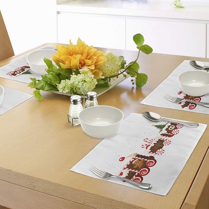 Ambesonne Christmas Place Mats Set of 4, Train Gingerbread Cream Candy Cartoon Toys Snowflakes Presents, Washable Fabric Placemats for Dining Table, Standard Size, White Brown