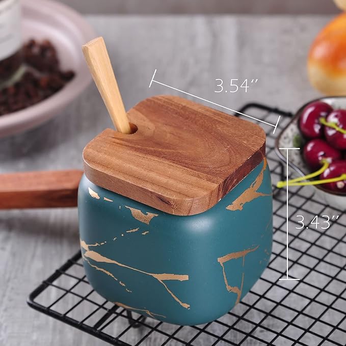 VanEnjoy Decorative Marble Inlay Glaze Ceramic Sugar Spice Containers Porcelain Jar with Bamboo Lid and Spoon Condiment Jar for Home