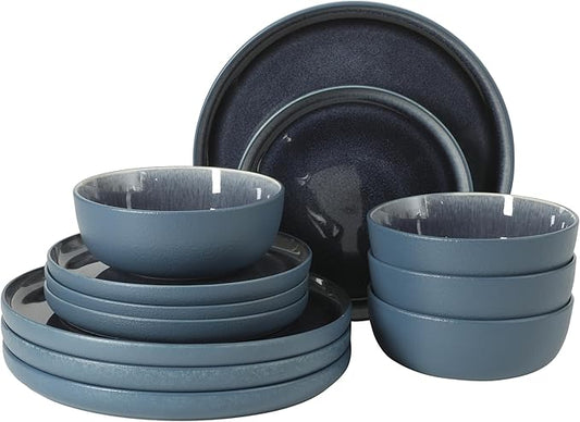 Gibson Elite Tahoe Sunset 12-Piece Reactive Stoneware Dinnerware Set – Matte Exterior & Shiny Interior Plates and Bowls, Durable Everyday Dish Set, Microwave & Dishwasher Safe
