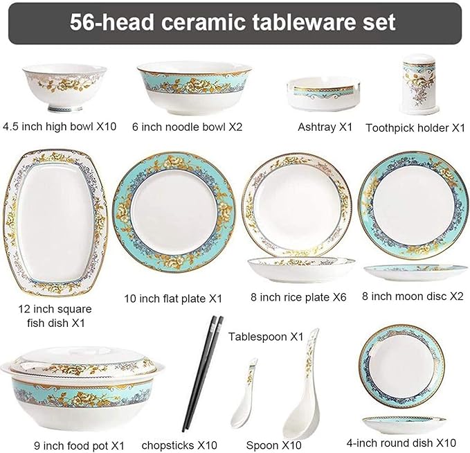 Palace Style Chip Dinnerware 56-Piece Bone China Dinnerware Set Nordic Ceramic Dinner Plates Set Porcelain Tableware Set