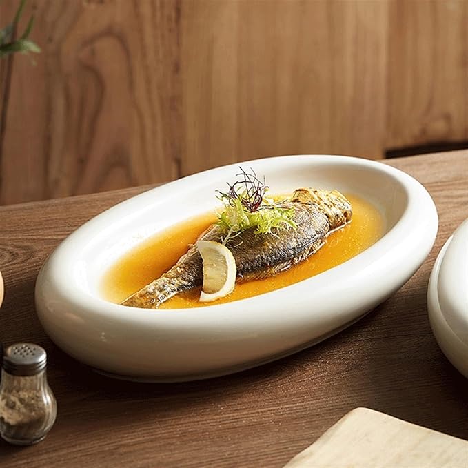 SONGCHAO Party Supplies White Oval Ceramic Dinner Plate Steamed Fish Plate Sushi Plate Salad Plate Home Dessert Plate Appetizer Plate Party Plates (Size : 12inch)