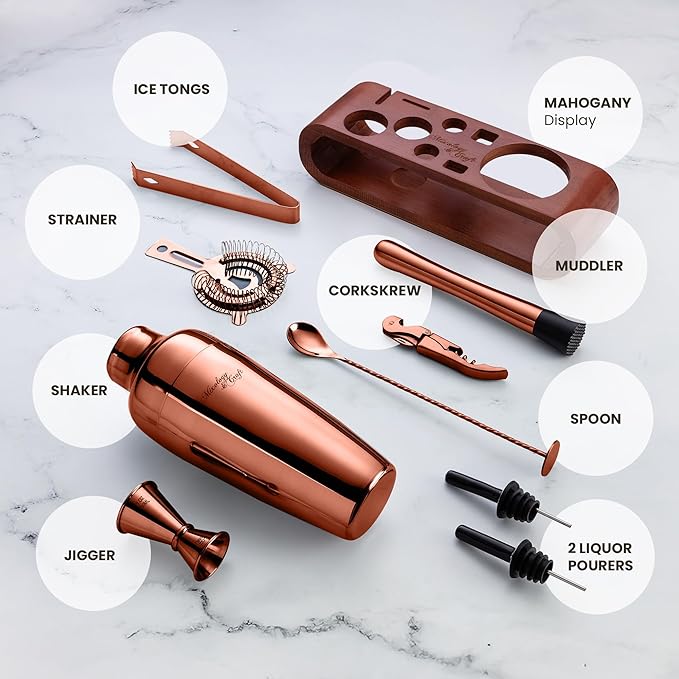 Mixology & Craft Bartender Kit: 10-Piece Cocktail Shaker Set with Dark Bamboo Stand | Complete Cocktail Kit Gift Set | Top Bartender Gifts for Men & Women | Leak-Proof Design (Copper)