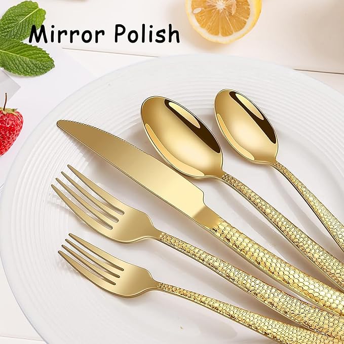 Gold Hammered Silverware Set for 2, MIKIWAY 10 Pieces Stainless Steel Luxury Flatware Set, Cutlery Tableware Set, Kitchen Utensils Set Include Spoons And Forks Set, Mirror Polished, Dishwasher Safe