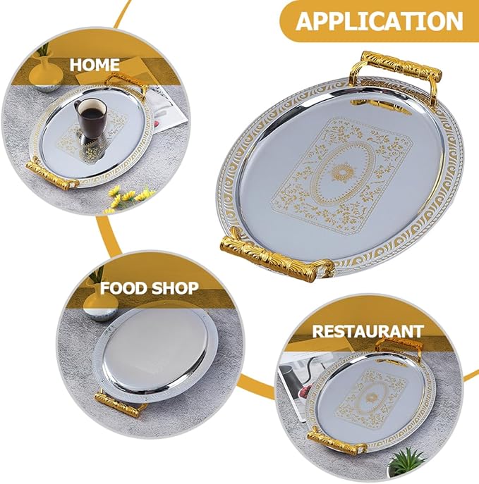 European Style Stainless Steel Serving Tray Vintage Oval Food Storage Tray for Snacks Fruits Desserts Reusable Easy to Clean for Home Restaurant Use Silver Gold Edge