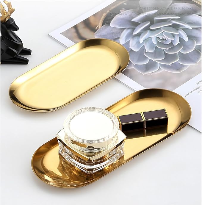 [2pk] Gold Decorative Tray, Perfume Bathroom Jewelry Vanity Mirror Candle Trinket Towel Pallet, Small Metal Stainless Steel Tray, Oval,XXL 12 x 4.7 x 0.5 in