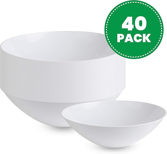 [16 OZ 40 Count] White Plastic organic Party Soup bowls Premium heavyweight Elegant Disposable Tableware Dishes