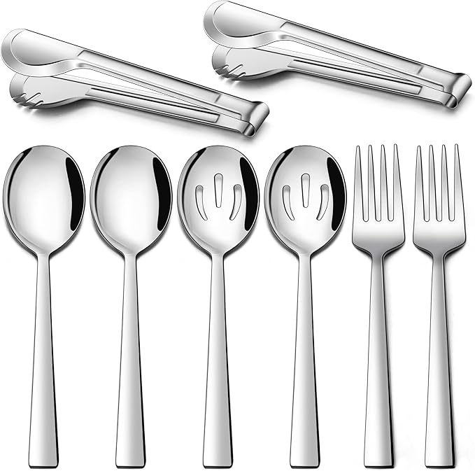 LIANYU Serving Utensils Set of 8, Stainless Steel Serving Spoons, Slotted Spoons, Forks, Metal Tongs for Kitchen Buffet Party Banquet Entertaining, Mirror Finished, Dishwasher Safe