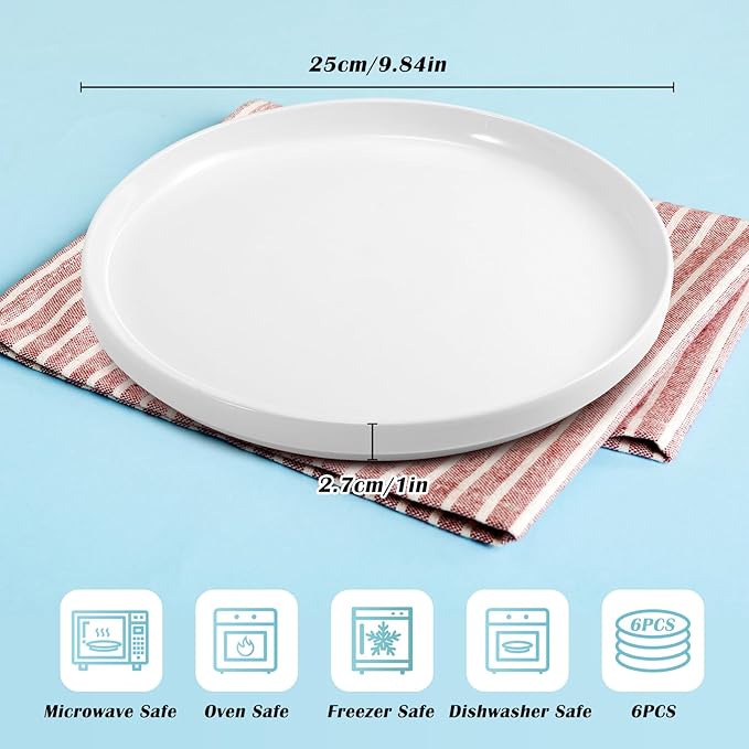 Porcelain Dinner Plates Set of 6,10 Inch Round Dessert Salad Plates,White Ceramic Dinner Plate with Lipped Edges for Dessert Salad Appetizers,Microwave,Dishwasher Safe,Scratch Resistant
