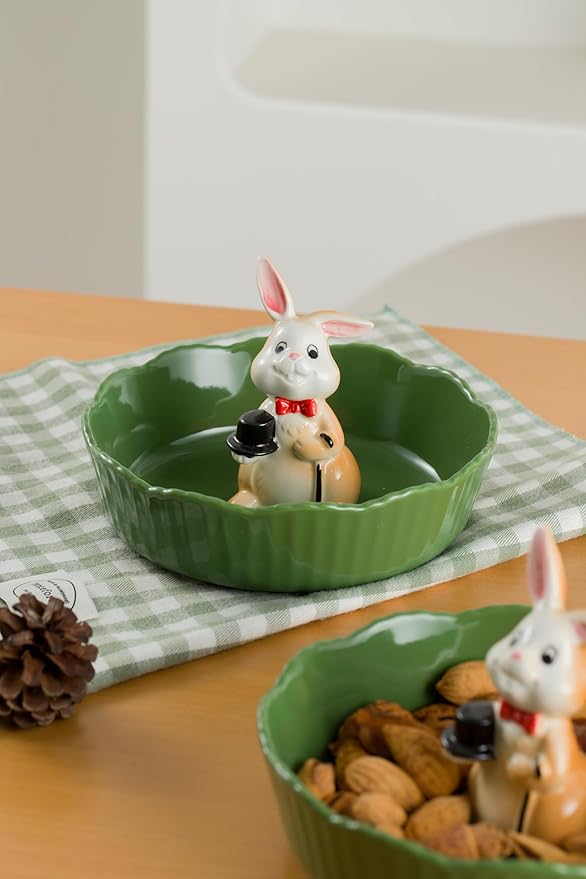 DIHOclub Decorative Ceramic Candy Bowl - Snack Serving Dish for Pistachios, Nuts, Candies, Jewelry Storage, Perfect for Holidays, Parties, and Gifts, 6 Inches(Green Rabbit)