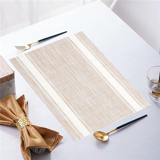 Placemats,PlasticVinyl Washable Heat-Resistant Durable PVC Non-Slip Woven for Kitchen Dining Table Mats (Set of 6, White Beige)