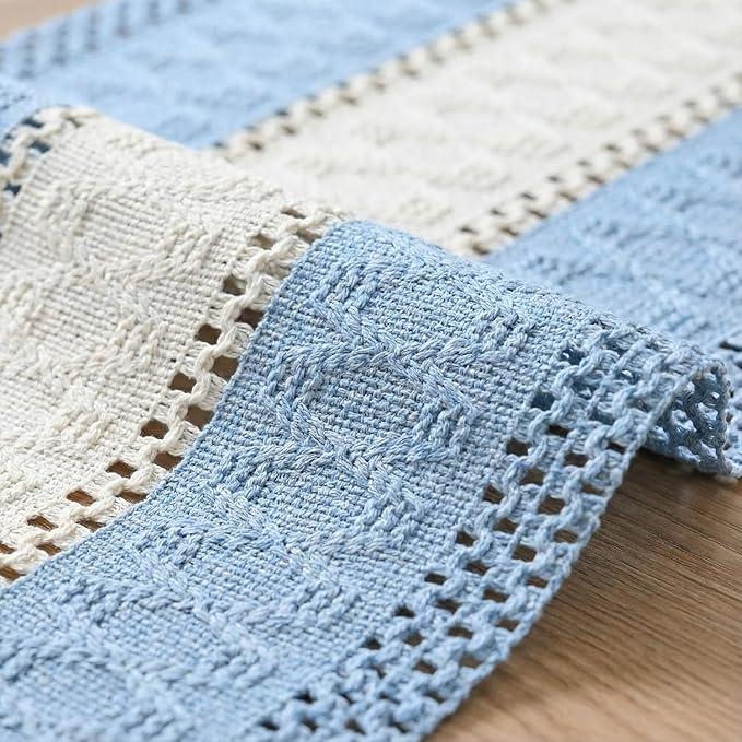 Artoid Mode Sky Blue Farmhouse Rustic Table Runner, Seasonal Hollow Kitchen Dining Table Decoration for Home Party Decor 12x48 Inch