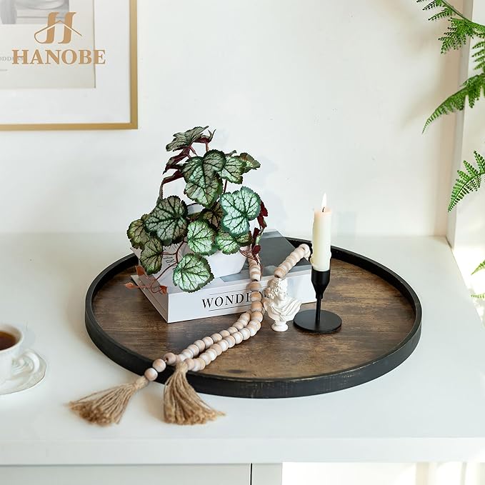 Hanobe Decorative Coffee Table Tray: Brown Wood Tray Round Rustic Wooden Trays Circle Farmhouse Centerpiece Candle Holder for Home Decor Ottoman Counter Display Living Room Organizer 18"