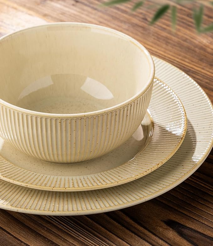 TheTerra Stoneware Dinnerware Sets for 4, 12 Pieces Ceramic Plates and Bowls Sets, Scratch Resistant Embossed Dish Set, Oven, Microwave & Dishwasher Safe, Cappuccino