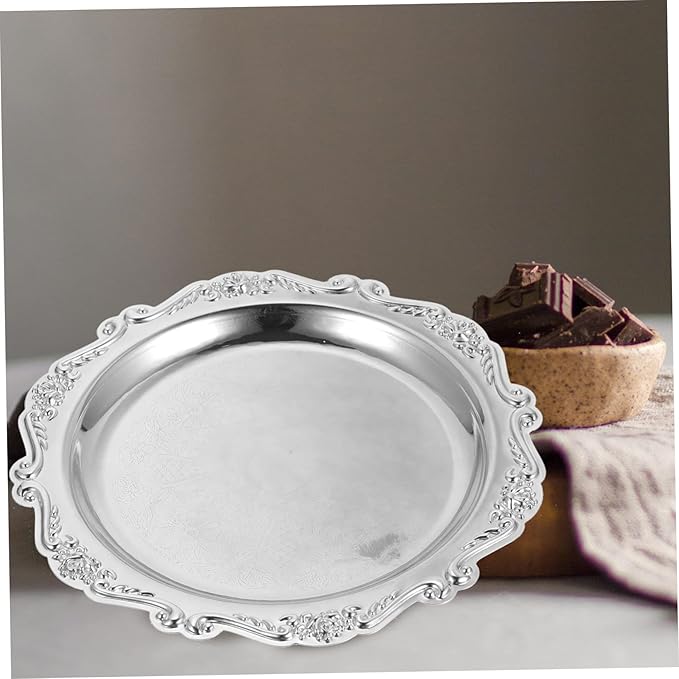 PRETYZOOM European Style Decorative Snack Plate Silver Embossed Candy Dish Vintage Cake Serving Tray for Weddings Parties Restaurants and Home Decor