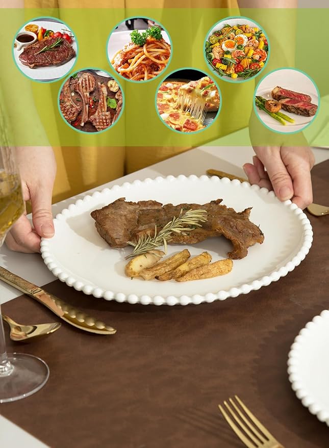 TAMAYKIM 10.5 Inch Porcelain Dinner Plates, Pasta Steak Salad Plates, Round Shape Serving Dinnerware Sets, Scratch Resistant, Microwave, Oven, and Dishwasher Safe, White with Pearl Dots, Set of 8