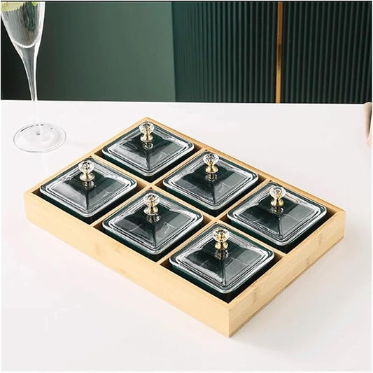 Seasoning Plate Green Ceramic Spice Plate with Lid and Bamboo Tray. 3 Removable Dip Bowls Used for Appetizers, Potato Chips, Fruits, Sweets and Spices Ceramic Sauce Plates (