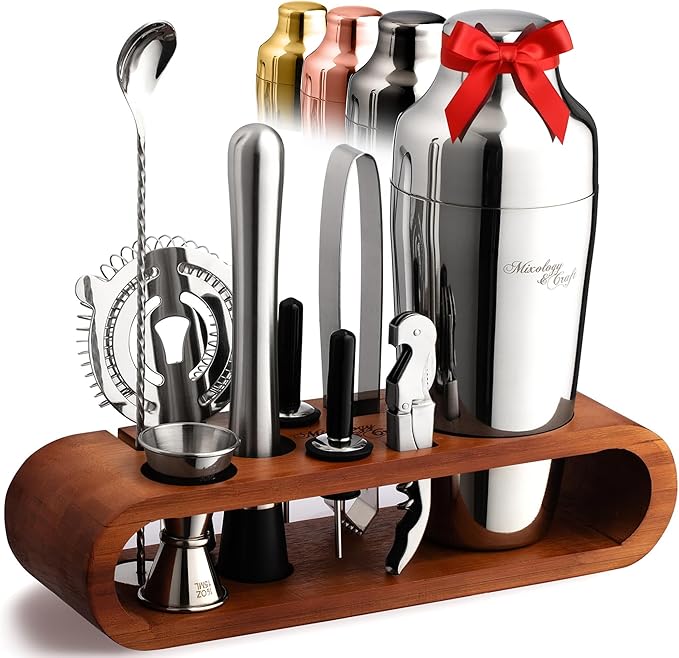 Mixology & Craft Bartender Kit: 10-Piece Cocktail Shaker Set with Dark Bamboo Stand | Complete Cocktail Kit Gift Set | Top Bartender Gifts for Men & Women | Leak-Proof Design (Silver)