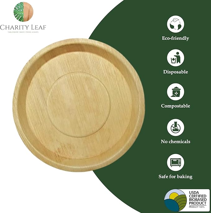 Charity Leaf Disposable Palm Leaf 14" Round Trays (25 pieces) Bamboo Like Serving Platters, Disposable Boards, Eco-Friendly Dinnerware For Weddings, Catering, Events