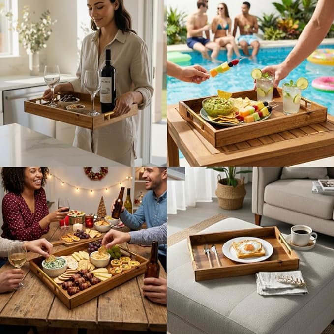 3 Pcs Acacia Wood Serving Trays with Golden Steel Handles 18", 16" & 14" with 6 Coasters - for Coffee Table, Ottoman in Living Room, Breakfast in Bed, Jewelry, Decorative, BBQ, Charcuterie