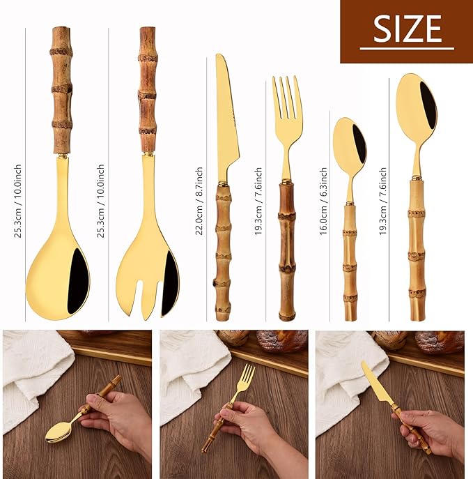 Stainless Steel Flatware Set, Bamboo Handle Silverware Set, Reusable Eating Utensils for Home Kitchen and Restaurant, Modern Gold Cutlery Set, 8 Pieces Dinner Spoons