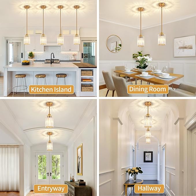 2 Pack Pendant Lights Kitchen Island, Modern Gold Crystal Pendant Lighting, Kitchen Hanging Light fixtures Mini Chandelier Pendant Lighting for Island Dining Room Hallway