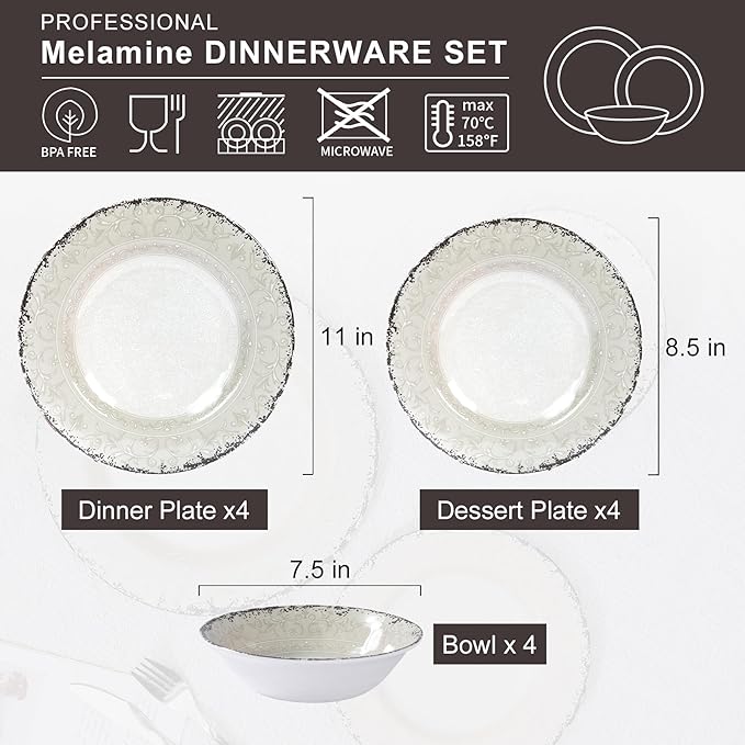 Melamine Dinnerware Set for 4, 12-Piece Rusty Gray – BPA-Free, Dishwasher-Safe Plates & Bowls for Indoor Outdoor Dining, Portable and Reusable