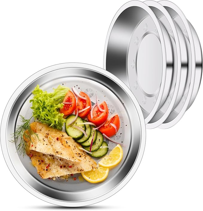 Patterned Deep Metal Camping Plates, 4 Pack 9.4 inch 201 Stainless Steel Plates, Reusable Pizza Food Serving Snack Eating Salad Dishes Round Shatterproof Silver Dinnerware Dinner Oven Safe