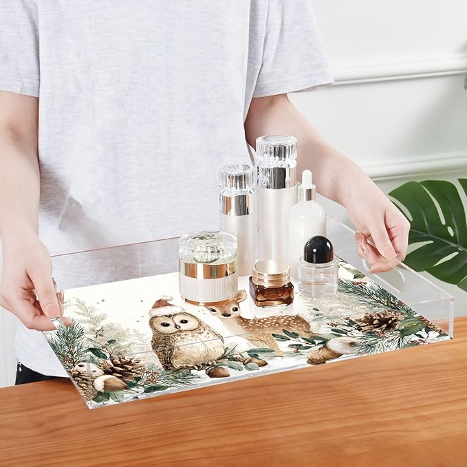 Serving Tray with Handles Clear Acrylic Tray 12x16 Inch Decorative Rectangular Tray Organizer for Ottoman Coffee Table Bathroom White Christmas Deer Owl Pinecorns Leaves