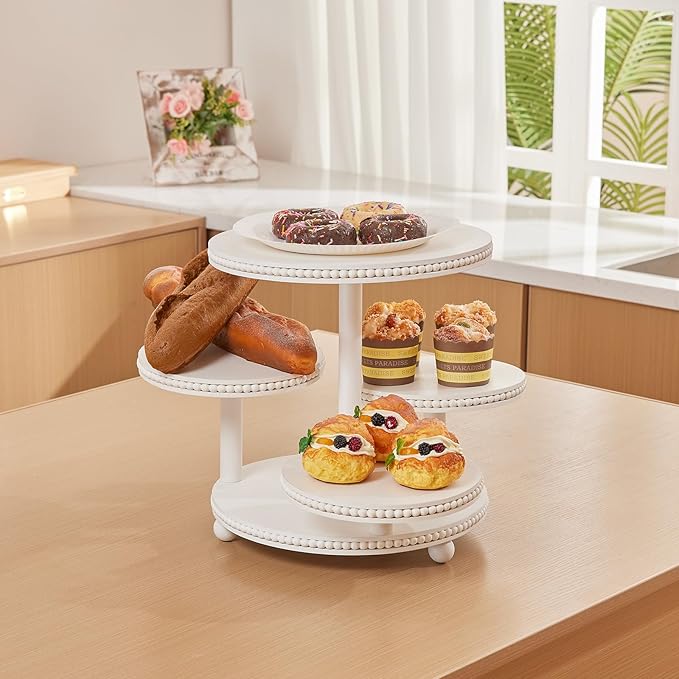 4 Tier Round Cupcake Tower Stand Beaded, Wood Cake Stand with Tiered Tray Decor for 50 Cupcakes/Baby Shower/Birthday/Wedding/Graduation