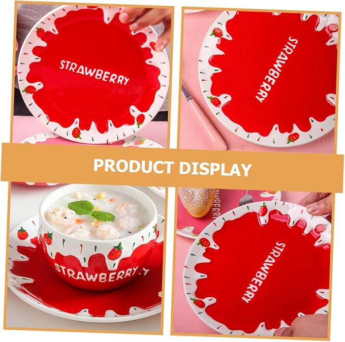 Food Serving Dish Hand-painted Strawberry Ceramic Plate for Pasta Desserts and Breakfast Cute Tableware for Birthday Parties and Home Use