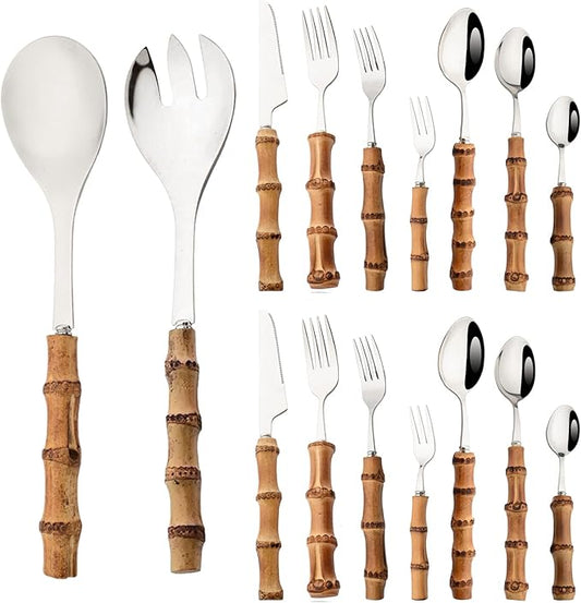 JASHII 16 Piece Natural Bamboo Silverware Set 304 Stainless Steel Flatware Set Service for 2 with 1 Serving Spoon and 1 Serving Forks, Bamboo Handle Cutlery Utensil Set, Mirror Silver